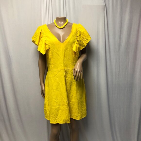 A New Day Dress Womens Size 6 Yellow Linen Rayon Flutter Sleeve V Neck Summer - Picture 1 of 8